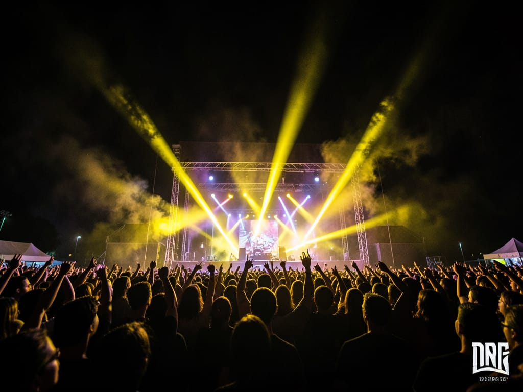 Sc&egrave;ne du festival Audomarois Live la nuit, n&eacute;ons jaunes per&ccedil;ant la brume, foule en silhouettes