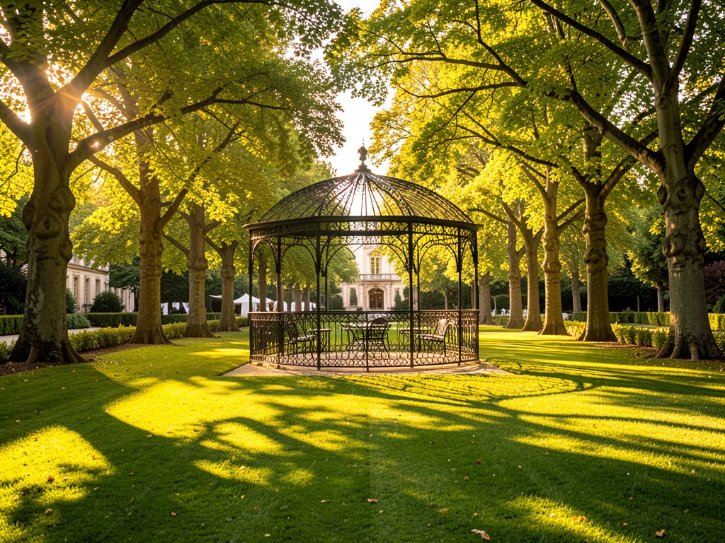 Jardin Public de Saint-Omer en lumi&egrave;re dor&eacute;e, all&eacute;es arbor&eacute;es et kiosque